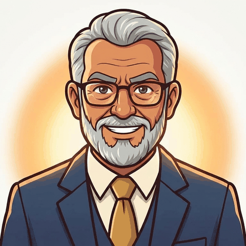 Don Salomón, personaje ilustrado: señor de cabello blanco, barba y lentes, con traje azul y corbata dorada