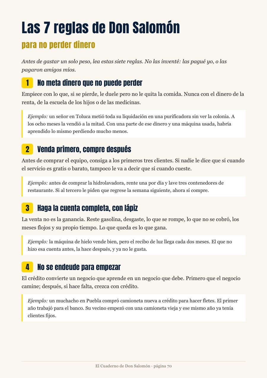 Primera página de Las 7 reglas de Don Salomón para no perder dinero